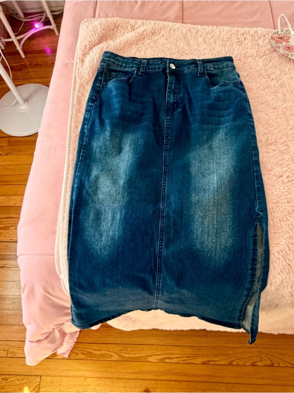 Dark Blue Denim Midi Skirt - Classic High-Waist Pencil Style